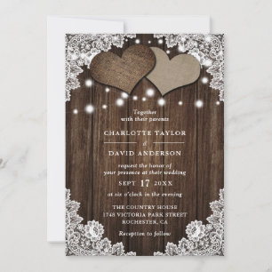 Rustic Wood Burlap Lace Wedding Invitation