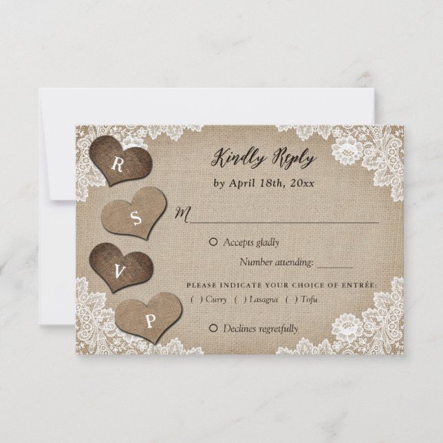 Rustic Wood Burlap Lace Wedding RSVP Meal Choice (Front)