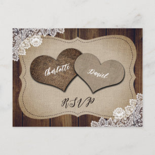 Rustic Wood Burlap Lace Wedding RSVP Postcard