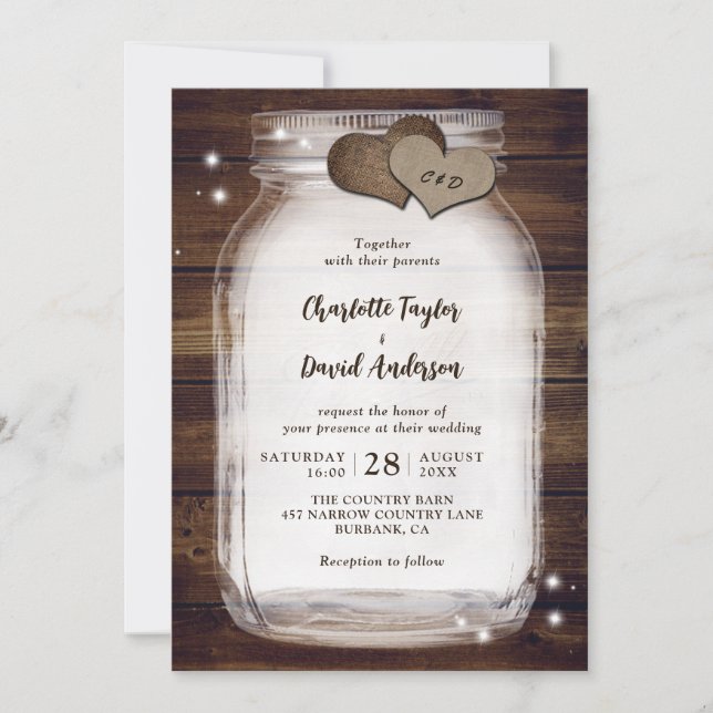 Rustic Wood Burlap Mason Jar Wedding Invitation (Front)