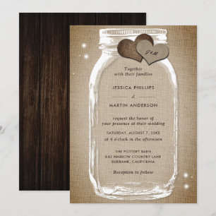 Rustic Wood Burlap Mason Jar Wedding Invitations