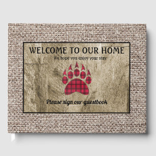 Rustic Wood Burlap Red Buffalo Plaid Bear Paw Guest Book