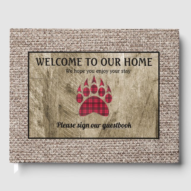 Rustic Wood Burlap Red Buffalo Plaid Bear Paw Guest Book (Front)