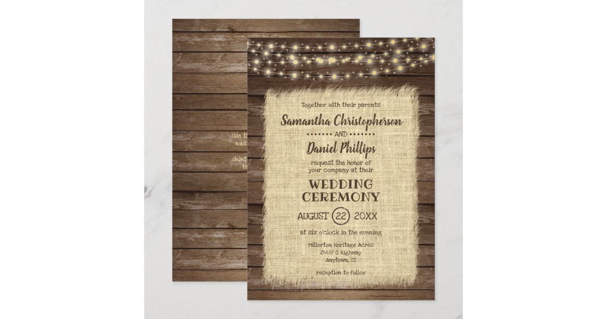 Rustic Wood, Burlap & String Lights Wedding Invitation | Zazzle