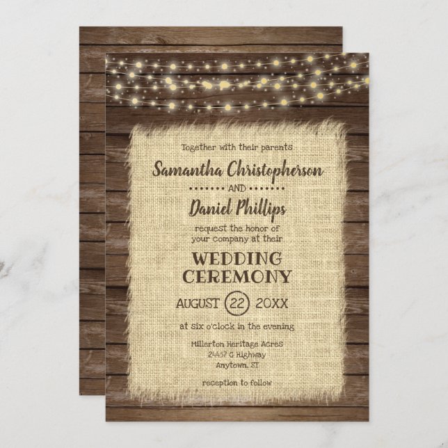 Rustic Wood, Burlap & String Lights Wedding Invitation (Front/Back)