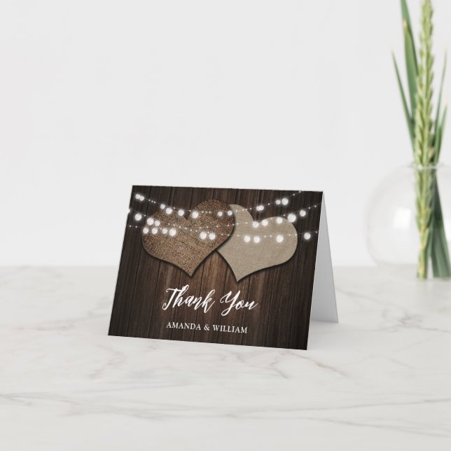 Rustic Wood Burlap String Lights Wedding Thank You (Front)