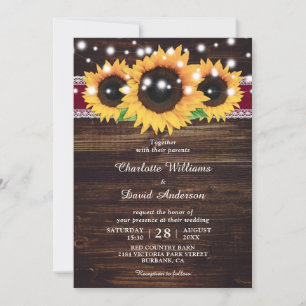 Rustic Wood Burlap Sunflower Burgundy Wedding Invitation