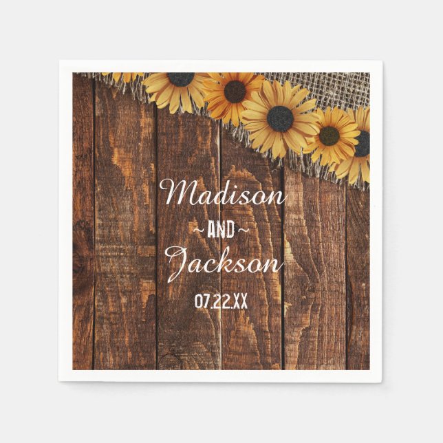 Rustic Wood & Burlap Sunflower Monogram Wedding Napkin (Front)