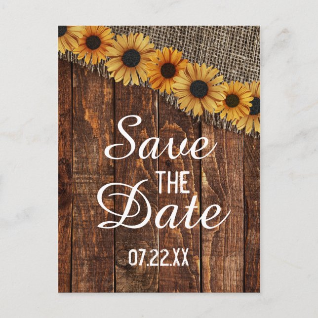 Rustic Wood & Burlap Sunflower Save the Date Announcement Postcard (Front)
