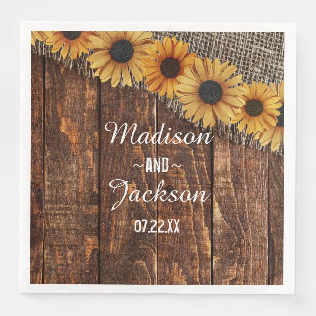 Rustic Wood & Burlap Sunflower Watercolor Wedding Napkin (Front)