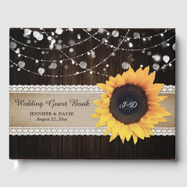 Rustic Wood Burlap Sunflower Wedding Guest Book (Front)