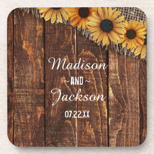 Rustic Wood & Burlap Sunflower Wedding Monogram Coaster (Front)