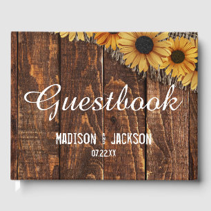 Rustic Wood & Burlap Sunflower Wedding Monogram Guest Book