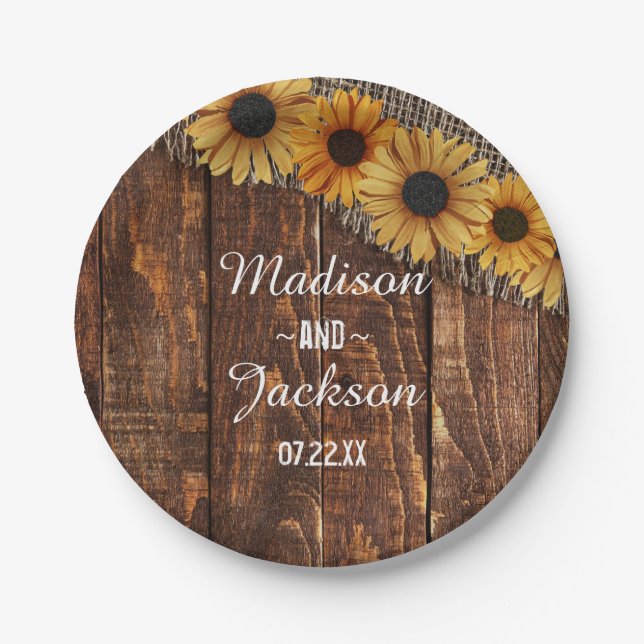 Rustic Wood & Burlap Sunflower Wedding Monogram Paper Plate (Front)
