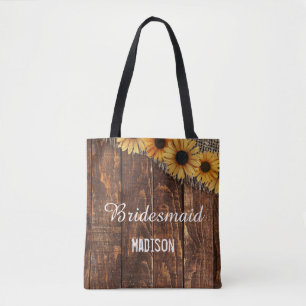 Rustic Wood & Burlap Sunflower Wedding Monogram Tote Bag