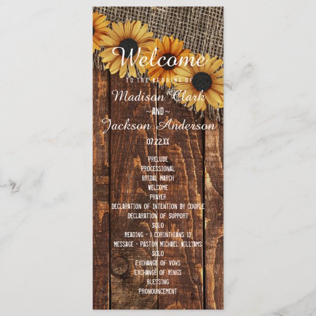 Rustic Wood & Burlap Sunflower Wedding Program Programme (Front)