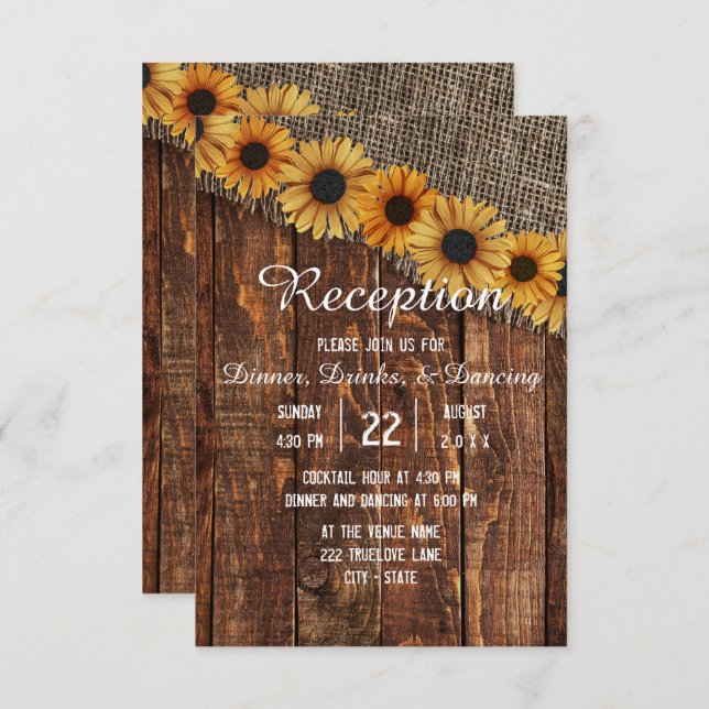 Rustic Wood & Burlap Sunflower Wedding Reception Invitation (Front/Back)