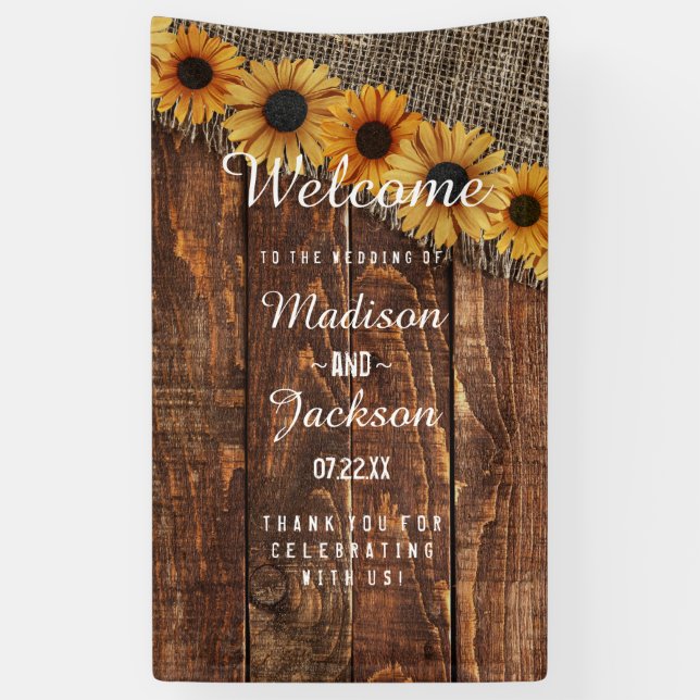 Rustic Wood & Burlap Sunflower Wedding Welcome Banner (Vertical)