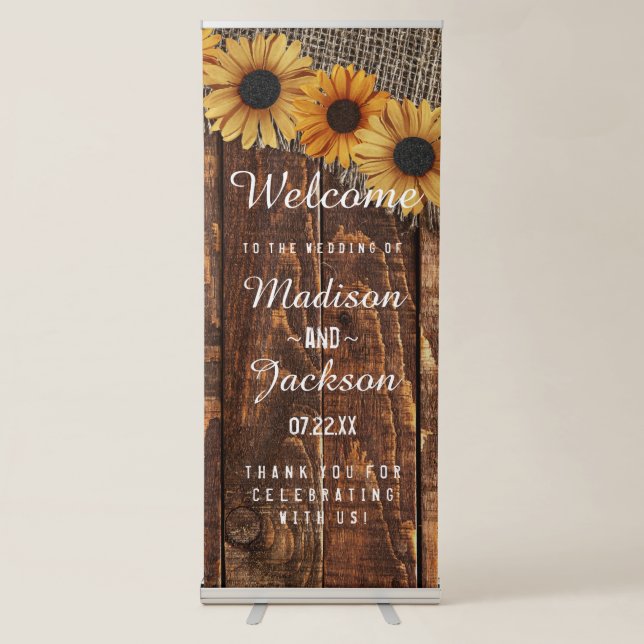 Rustic Wood & Burlap Sunflower Wedding Welcome Retractable Banner (Front)
