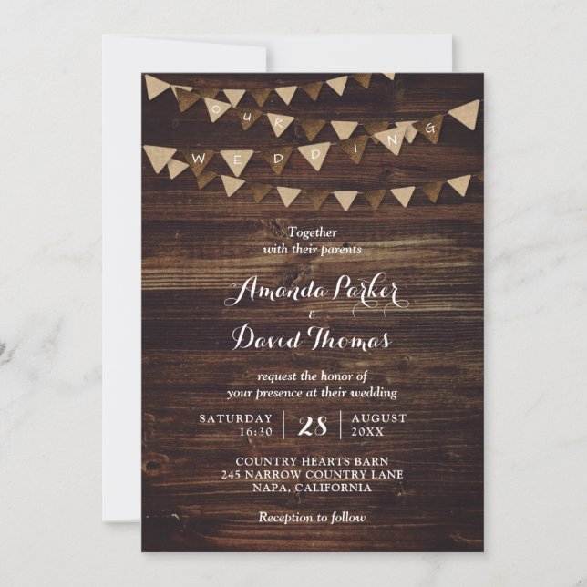 Rustic Wood Burlap Wedding Invitation (Front)