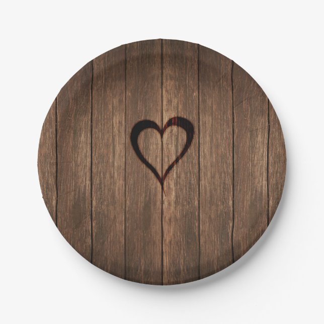 Rustic Wood Burned Heart Print Paper Plate (Front)