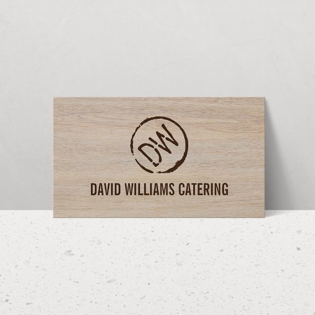 Rustic Wood-Burned Stamped Monogram on Tan Wood Business Card (Creator Uploaded)