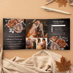 Rustic Wood Burnt Orange Rose All in One Wedding Tri-Fold Invitation