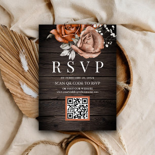 Rustic Wood Burnt Orange Rose QR Code RSVP Wedding Enclosure Card