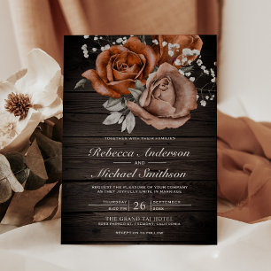 Rustic Wood Burnt Orange Rose Terracotta Wedding Invitation