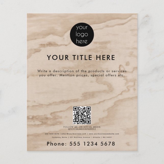 Rustic Wood Business Logo QR Code Promotional  Flyer (Front)