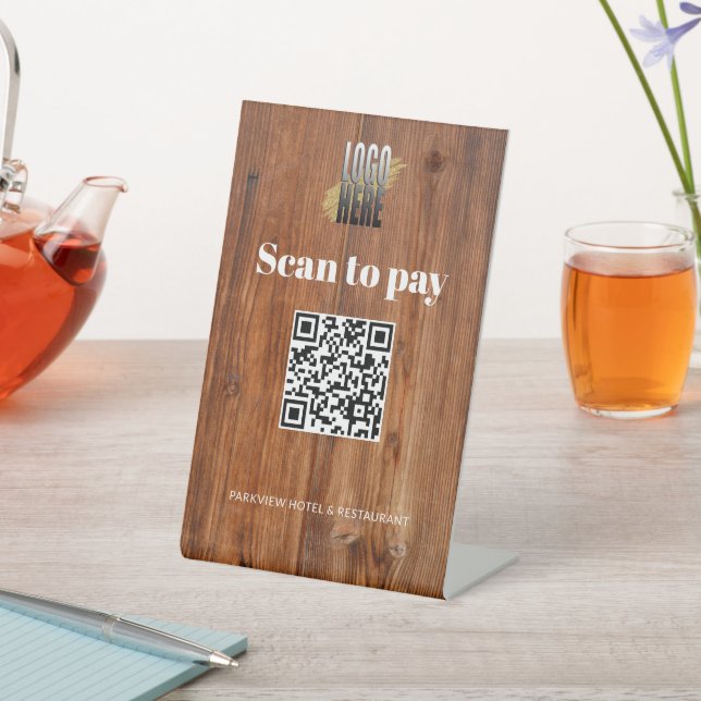 Rustic Wood Business Logo Scan to Pay  QR Code  Pedestal Sign (In SItu)