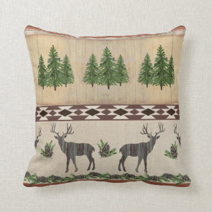 Rustic Wood Cabin Deer Pine Trees Tribal Pattern Cushion