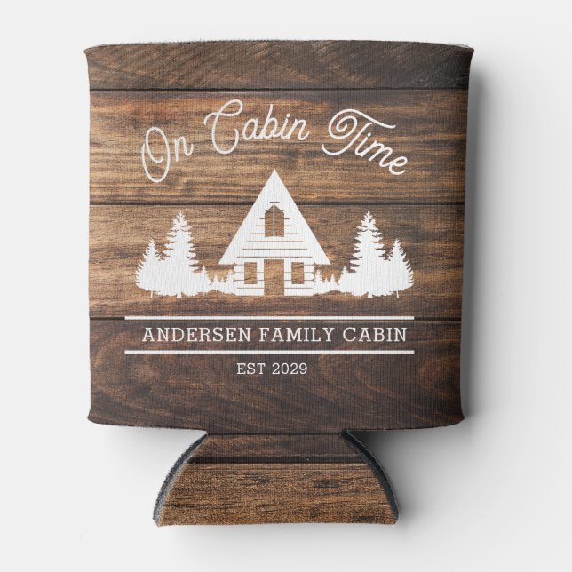 Rustic Wood Cabin Lodge Personalised  Can Cooler (Front)