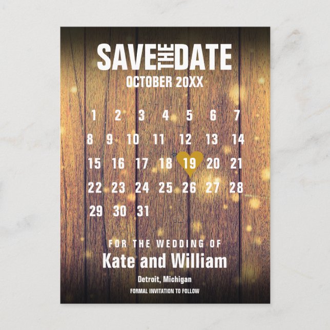 Rustic Wood Calendar Save the Date Gold Love Heart Announcement Postcard (Front)