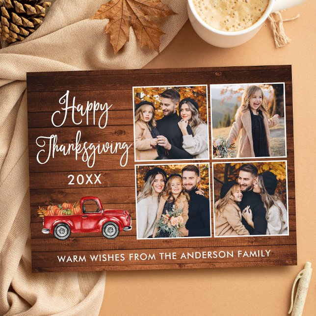 Rustic Wood Calligraphy 4 Photo Thanksgiving Truck Postcard (Customize to change your personalized text size or text style.)