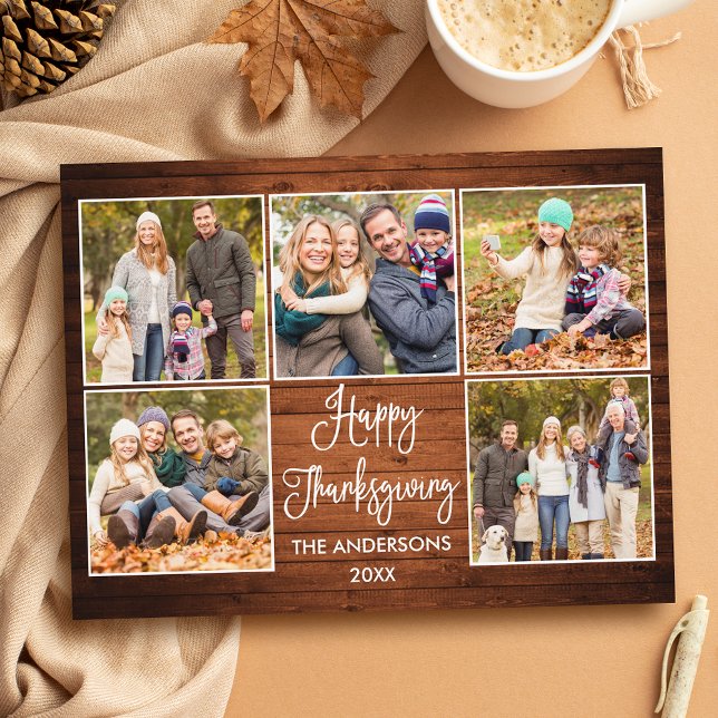 Rustic Wood Calligraphy 5 Photo Thanksgiving Postcard (Customize to change your personalized text size or text style.)