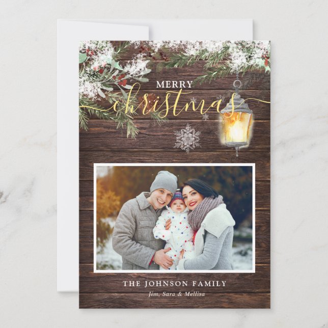 Rustic Wood Calligraphy Photo Christmas Holiday Card (Front)