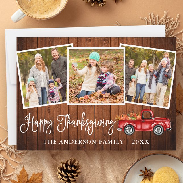Rustic Wood Calligraphy Thanksgiving Truck 3 Photo Holiday Card (Customize to add more text or photos to back of card.)
