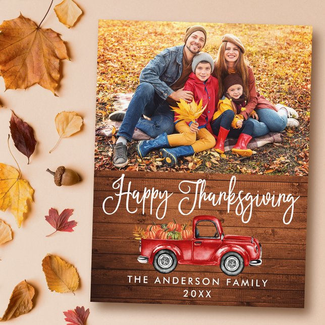 Rustic Wood Calligraphy Thanksgiving Truck Photo Postcard (Customize to change your personalized text size or text style.)