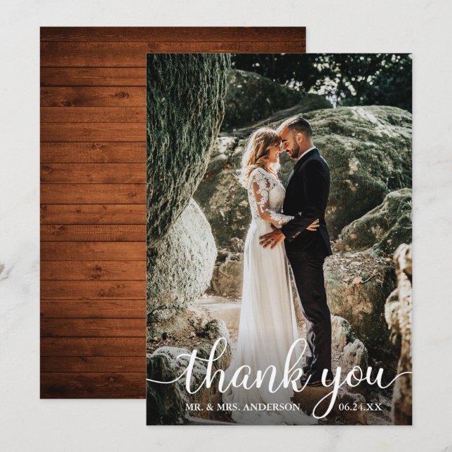Rustic Wood Calligraphy Wedding Thank You Card (Front/Back)