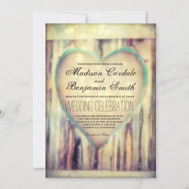 Rustic Wood Carved Heart Country Wedding Invites (Front)