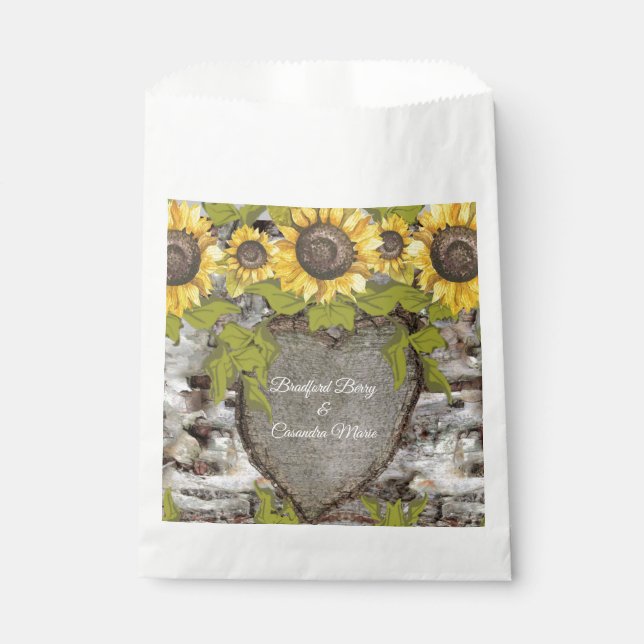 Rustic wood carved names bride groom Sunflower  Favour Bags (Front)