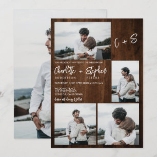Rustic wood casual initials 5 photos wedding invitation