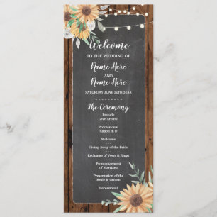 Rustic Wood Chalk Sunflowers Wedding Program Programme