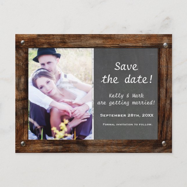 Rustic Wood CHALKBOARD PHOTO Save Date Postcard (Front)