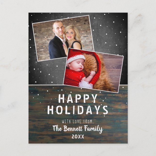 Rustic Wood Chalkboard Snow 2 Photo Christmas Postcard (Front)
