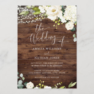 Rustic Wood Champagne Floral Lights Wedding Invitation