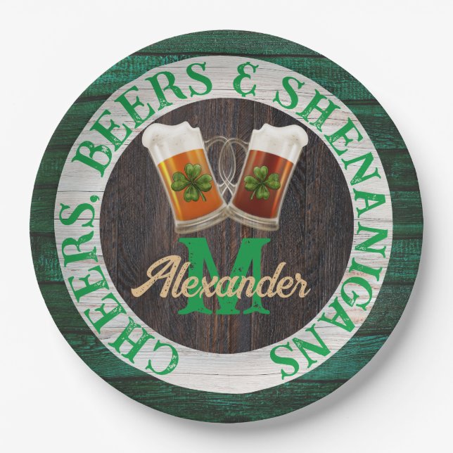  Rustic Wood Cheers Beers Shenanigans  Paper Plate (Front)