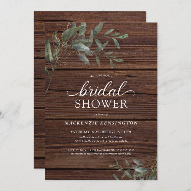 Rustic Wood Chic Eucalyptus Greenery Bridal Shower Invitation (Front/Back)