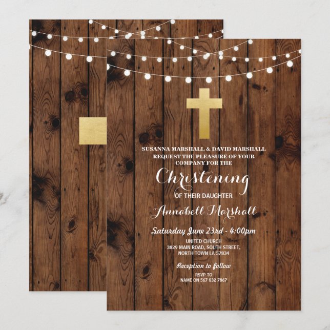 Rustic Wood Christening or Baptism Gold Cross Invitation (Front/Back)